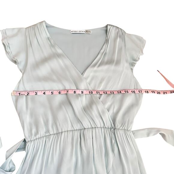 Alice + Olivia Silk Wrap Dress Sz 8 Icy Blue Flutter Sleeve High Low 90s Grunge - Picture 7 of 11